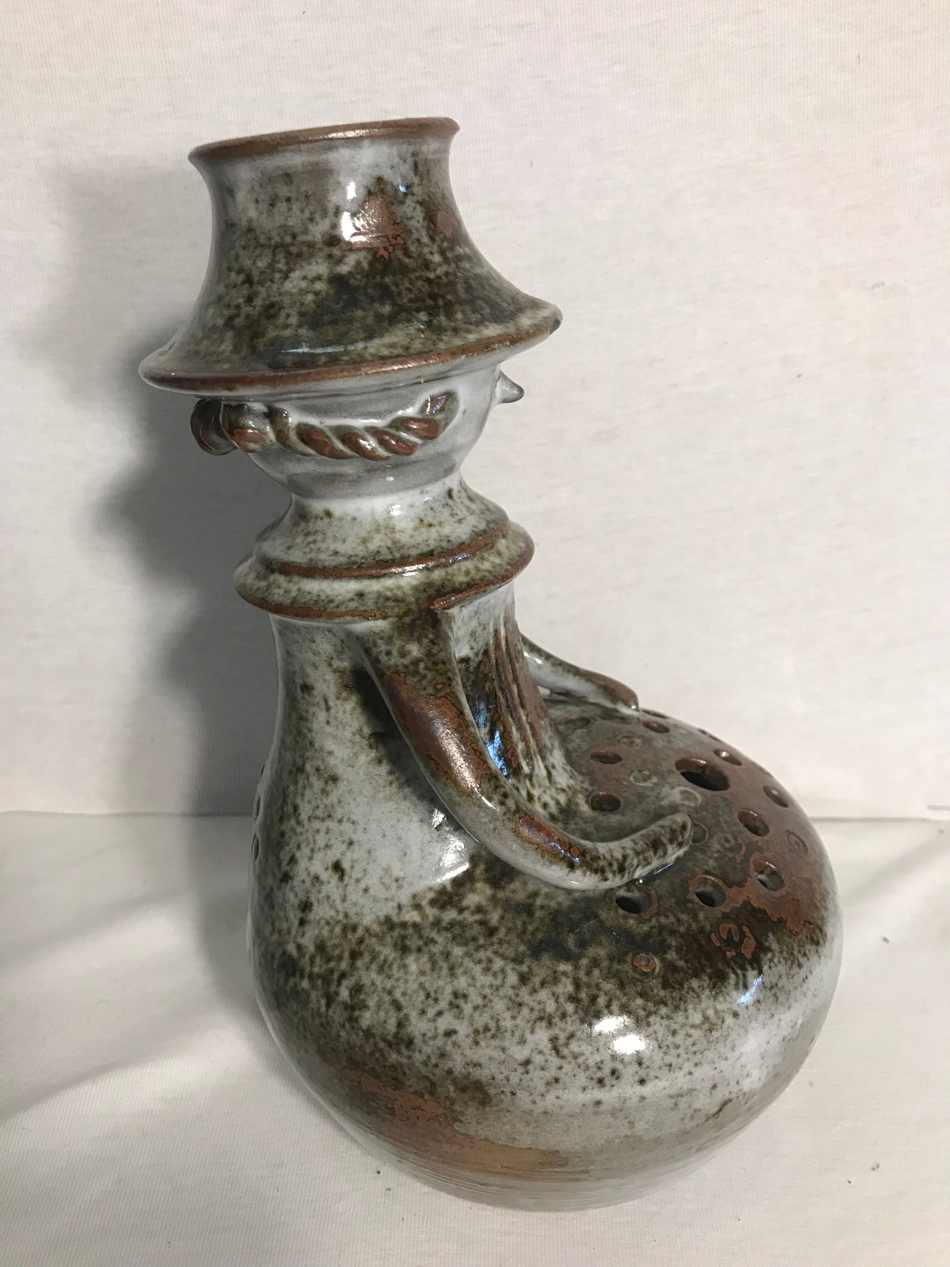 Old man gray Brown ceramic Vase + Spades flowers Decoration Vintage