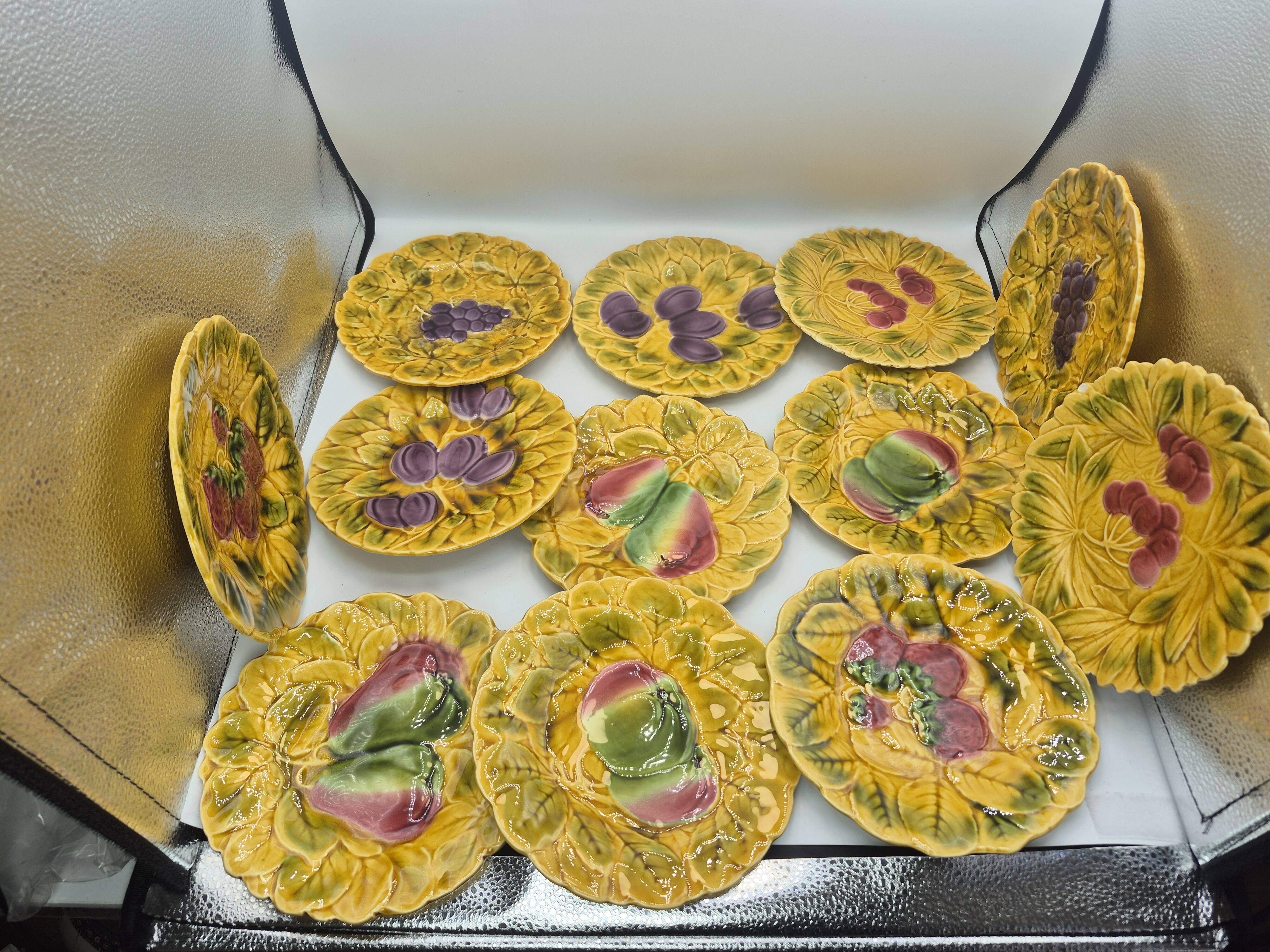 Lot of 11 Sarreguemines barbotine fruit dessert plates 19cm vintage rare