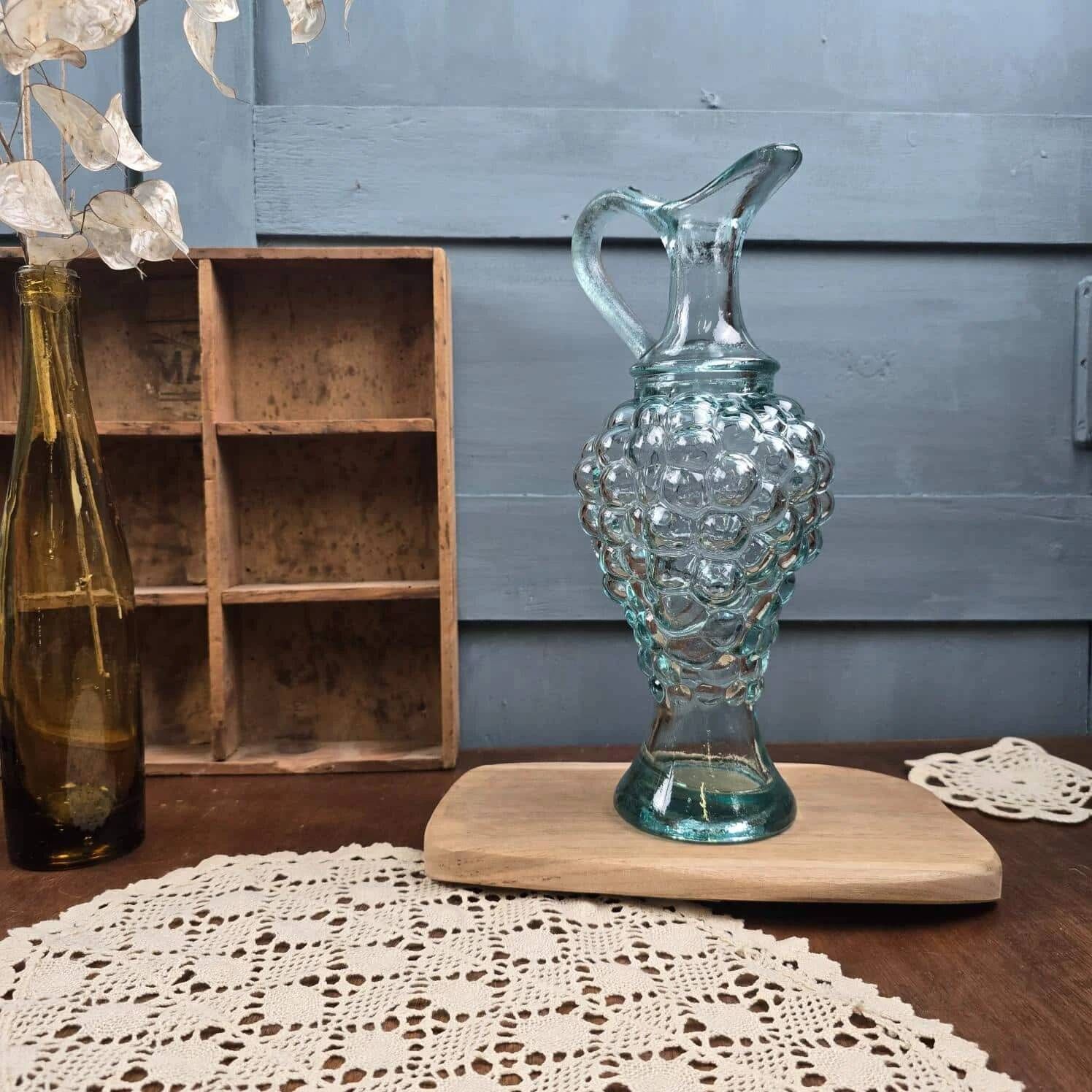 Vintage glass grape bottle – Greenish-blue carafe or soliflore