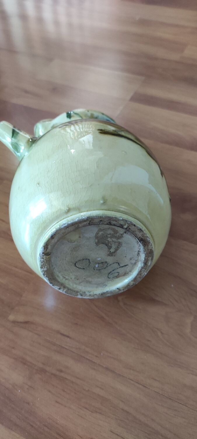 Cruche pichet en céramique émaillée jaune et verte