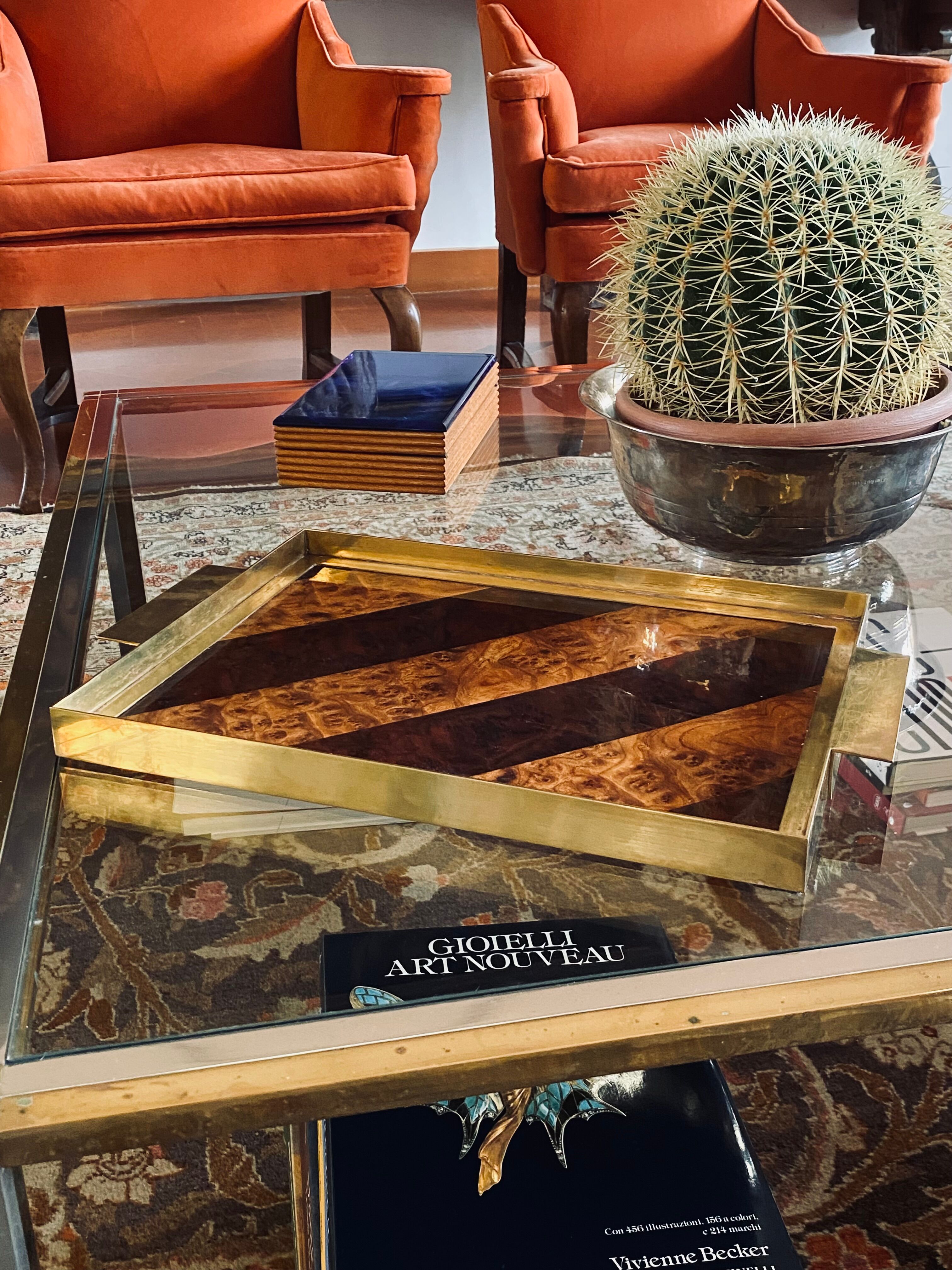 Brass and inlaid woods tray, italy 1970s