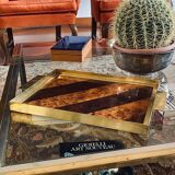 Brass and inlaid woods tray, italy 1970s