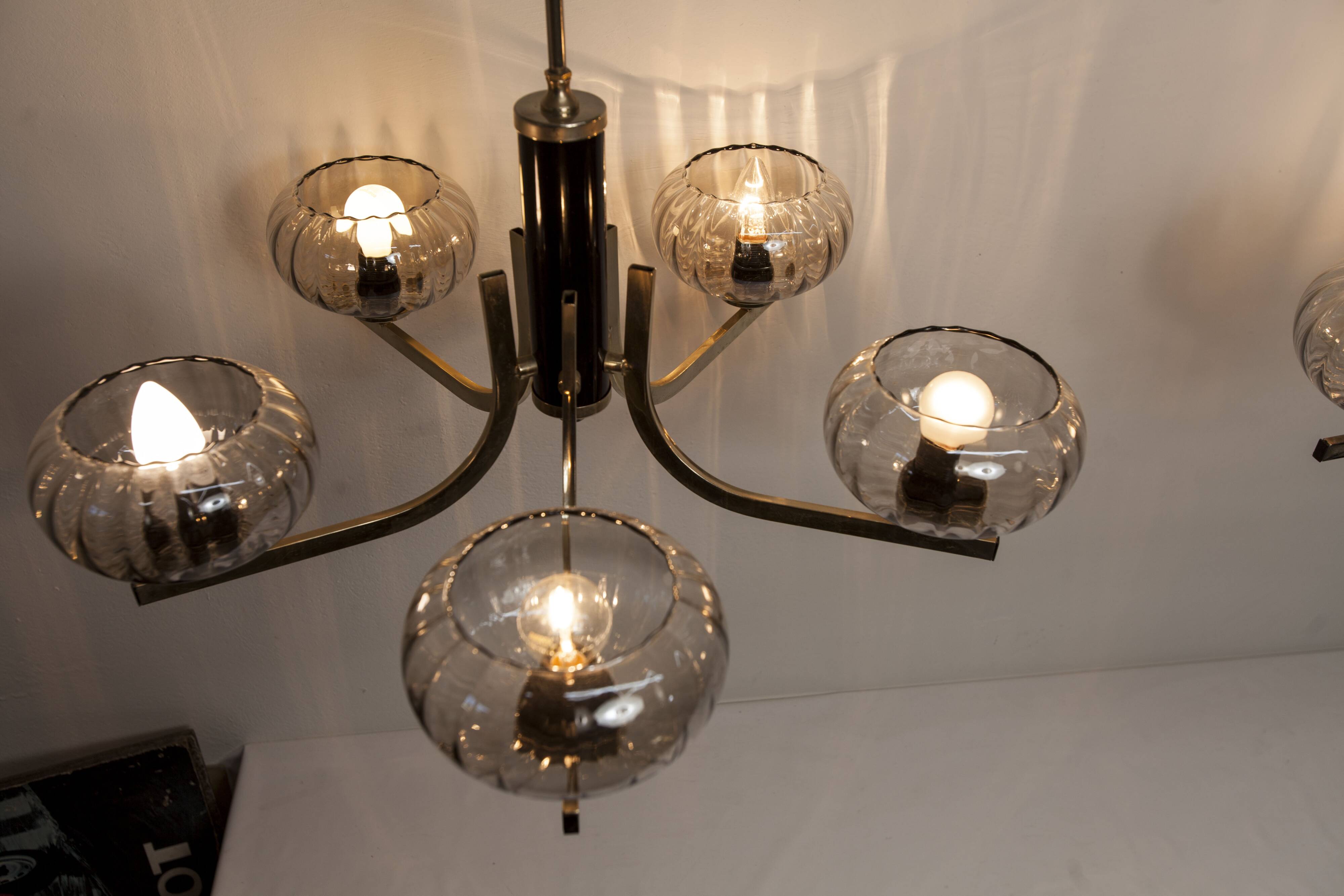 See Delmas chandelier, 5 branches, black and gold, transparent glass, 1960