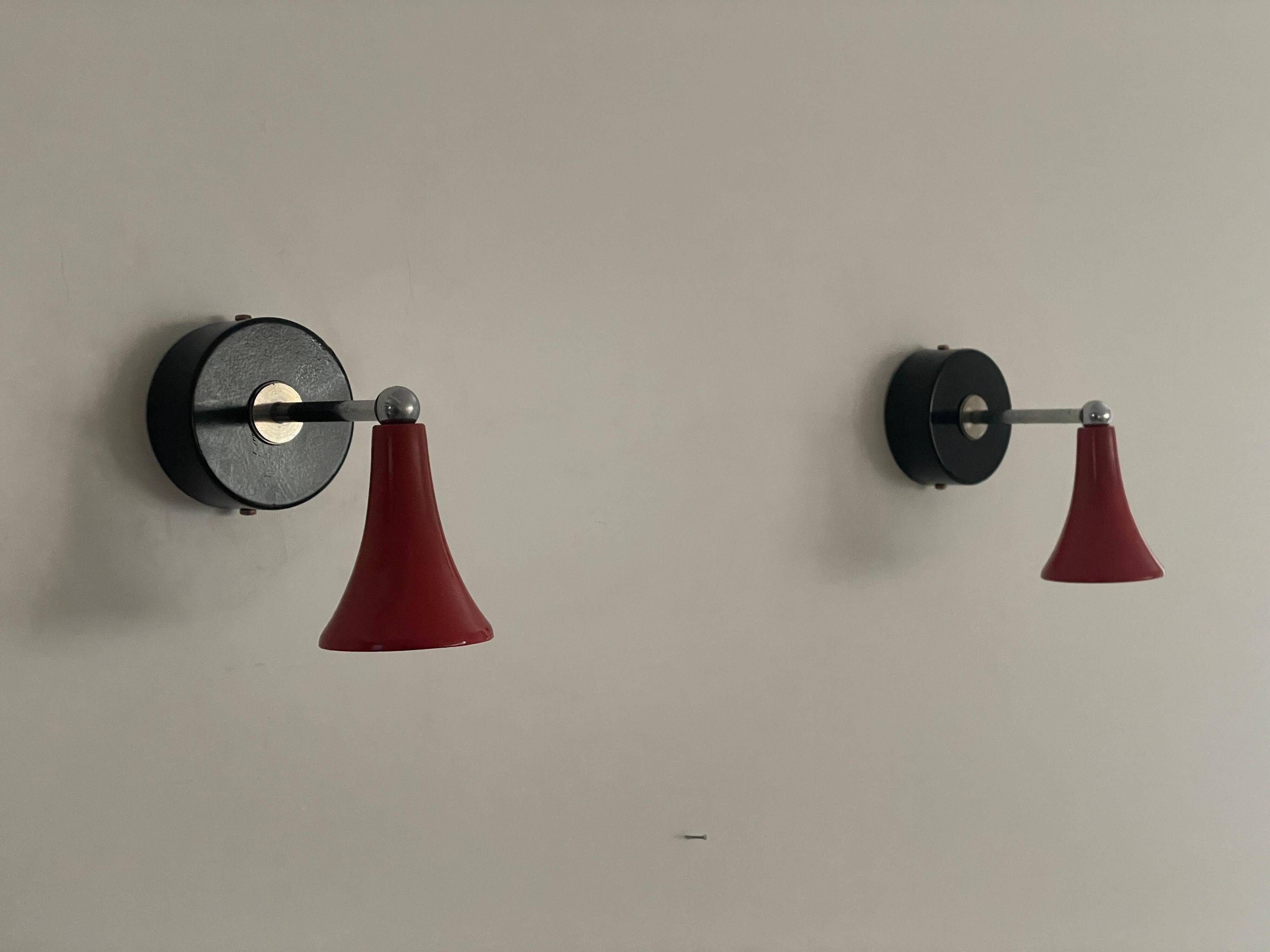 Pair of red metal wall lights AGE, 1970s, Italy