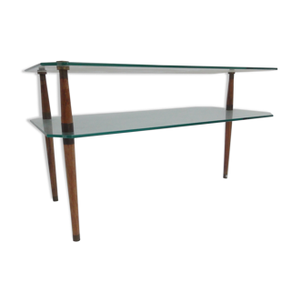 Table basse vintage à deux étages en verre  1950s