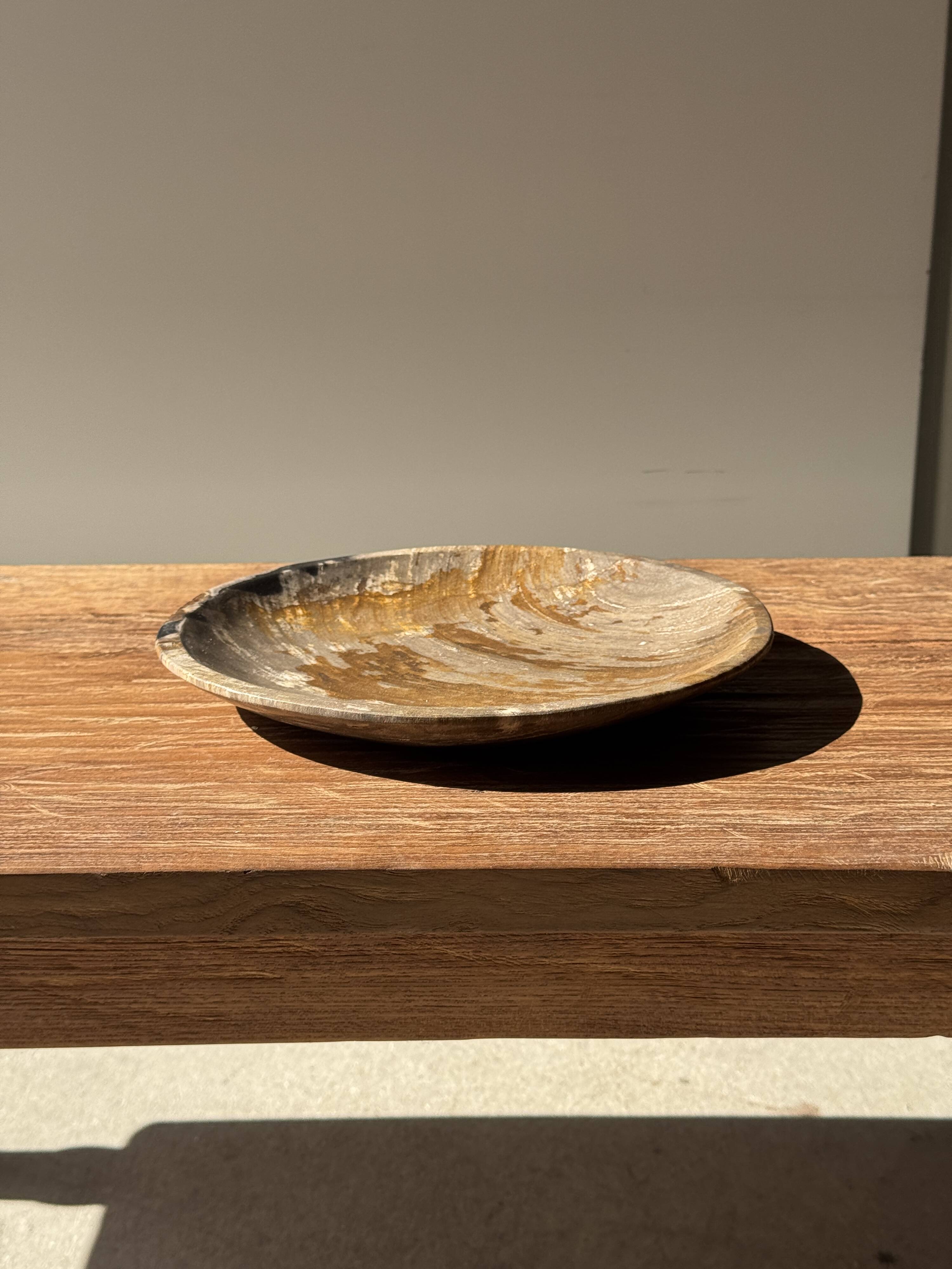 Ashtray, circular dish or plate in grey-orange petrified wood D25.5