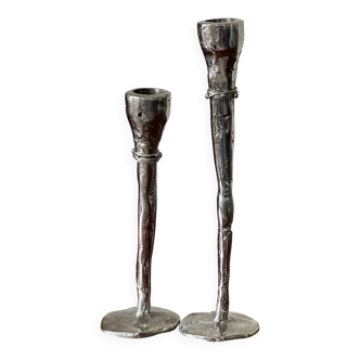 Pair of brutalist silver-plated bronze candlesticks from the 70s