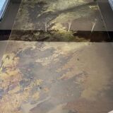 Coffee table with chrome base and mirrored glass top, vintage solar flare decor