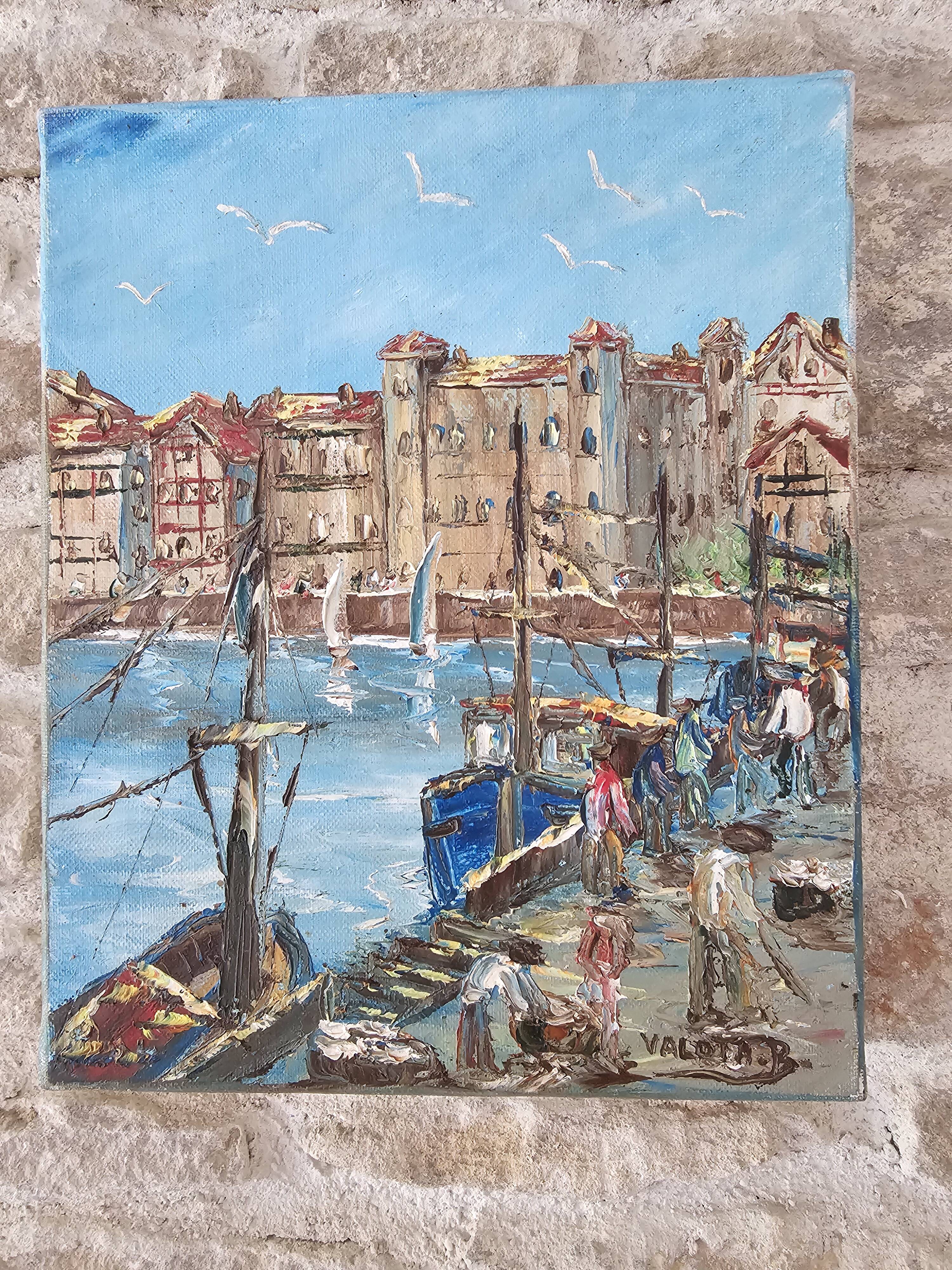 Oil painting on canvas House of the Infanta Saint Jean de Luz signed Valota