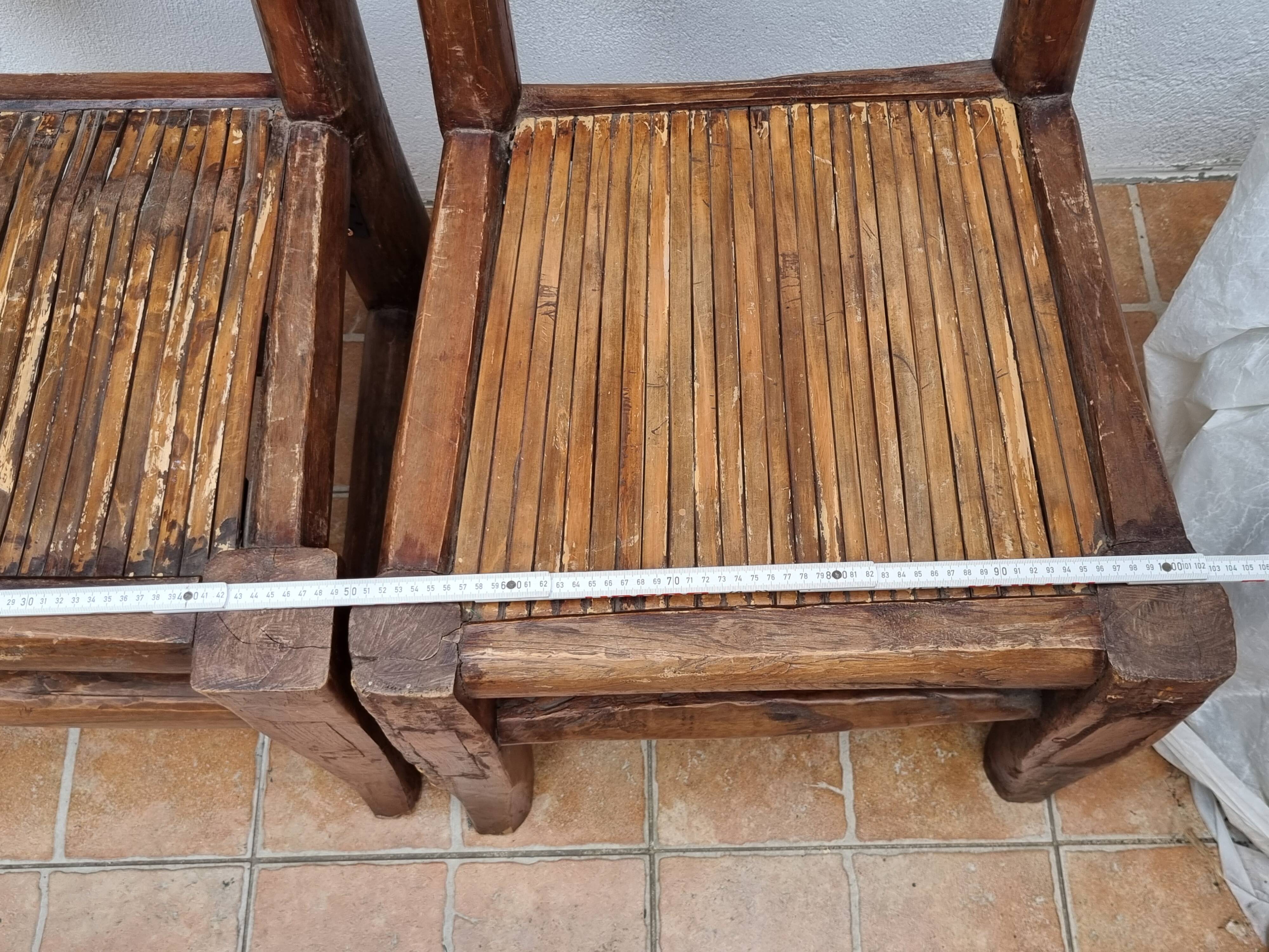 Pair of solid wood and bamboo chairs, brutalist style, 90 cm