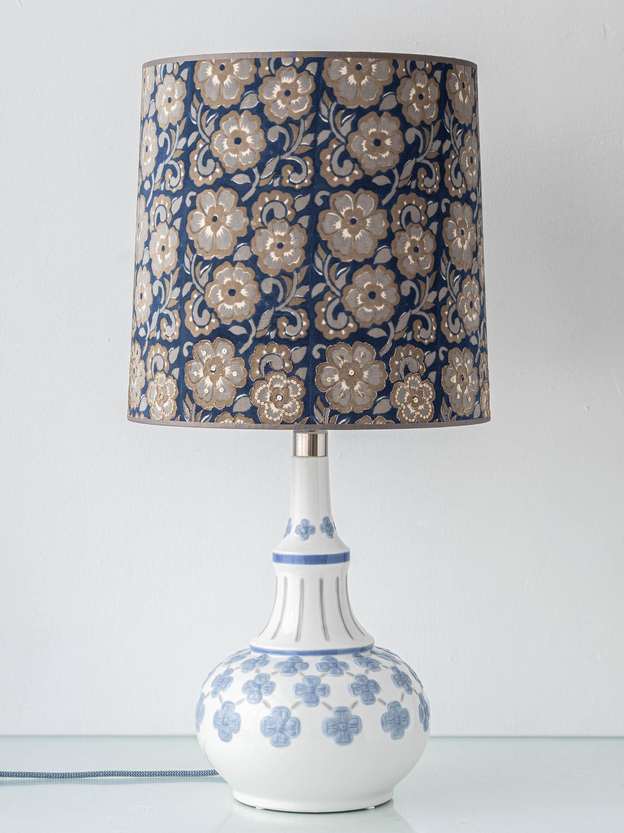 Blue and white porcelain table lamp by Lladró with floral shade in new silk.