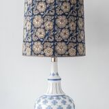 Blue and white porcelain table lamp by Lladró with floral shade in new silk.