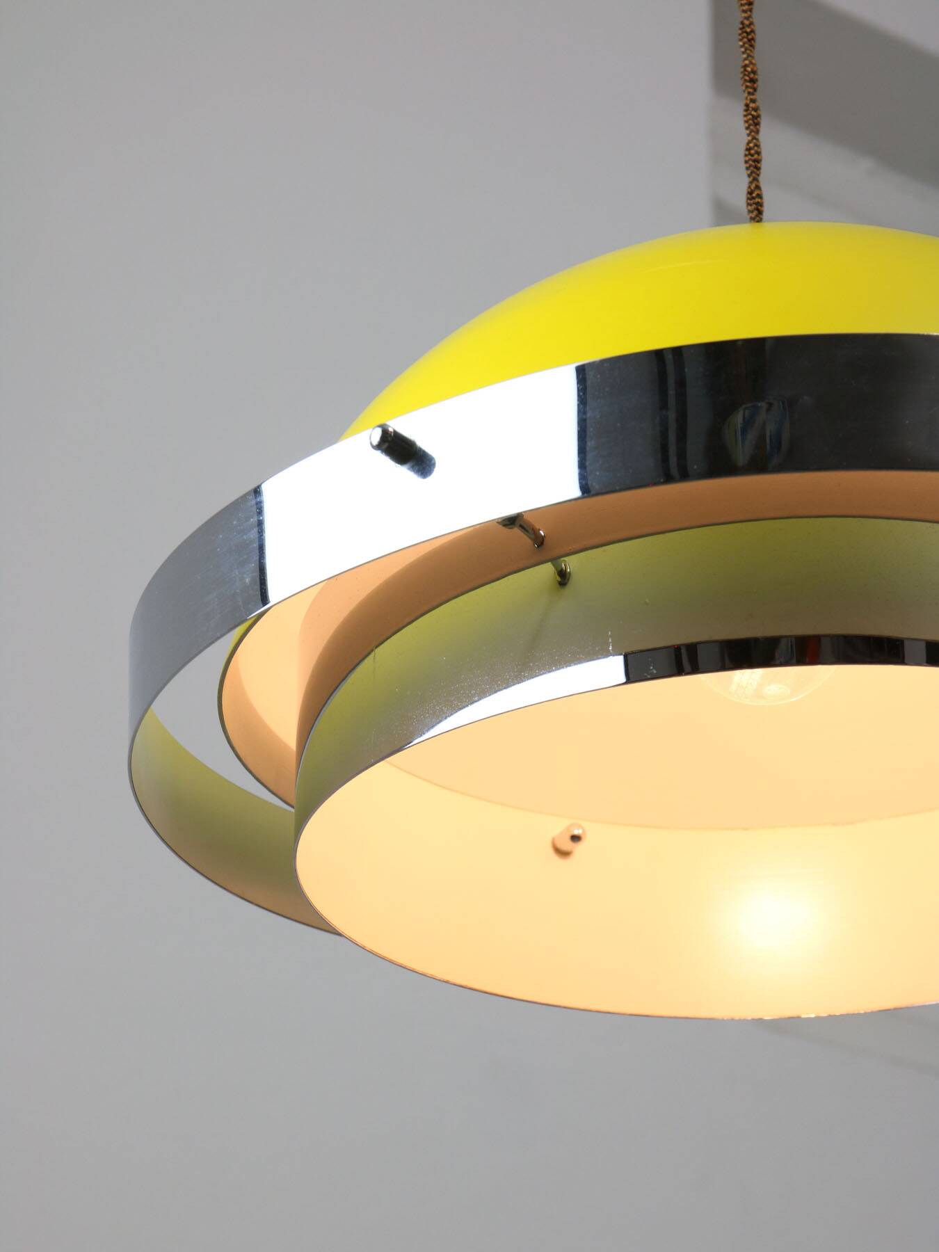 Space-age italian yellow and chrome metal pendant lamp, 1970s