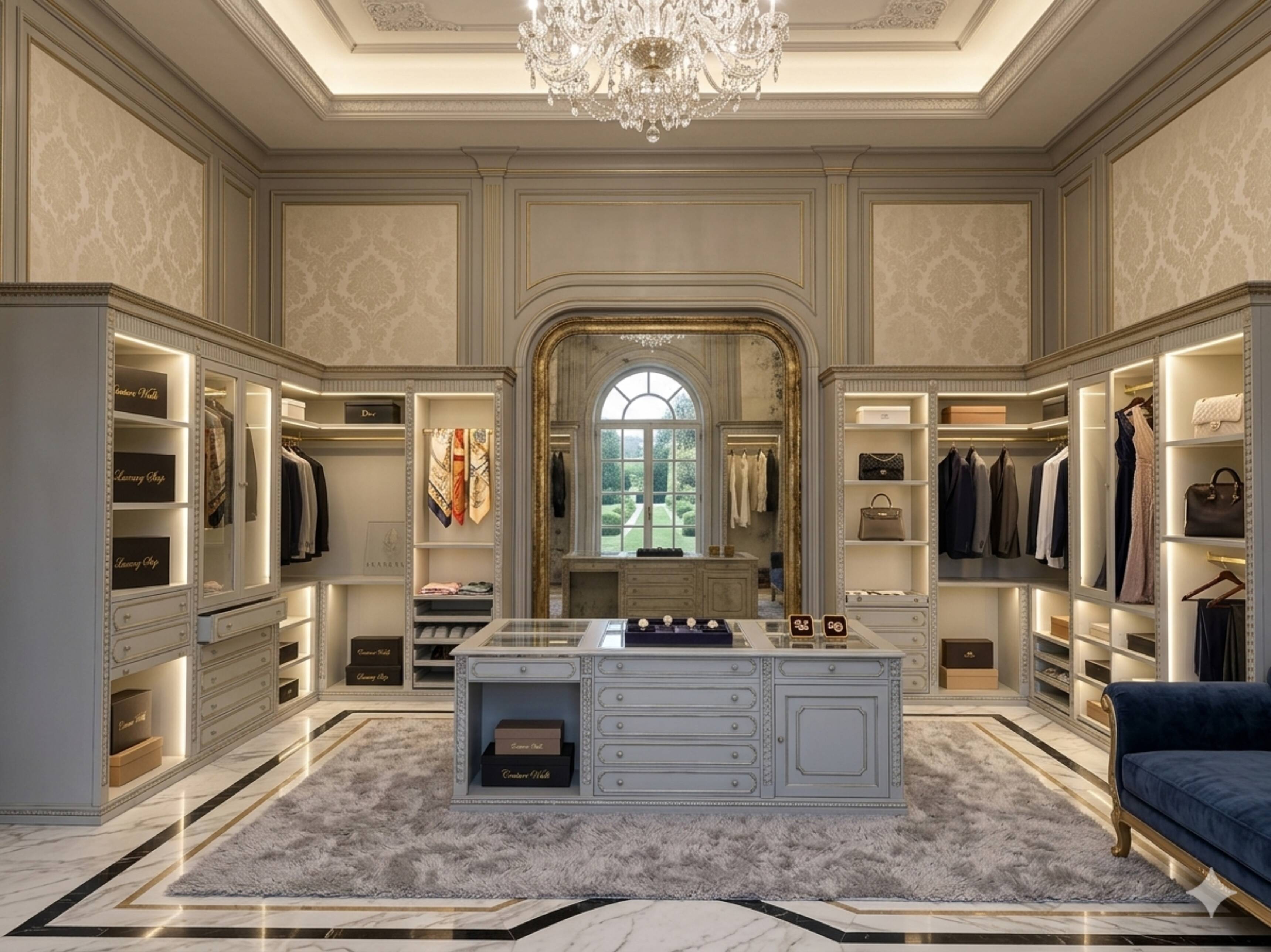 Cabina Armadio Aperta Classica in Tonalità Celeste/Grigio Perla con Isola C