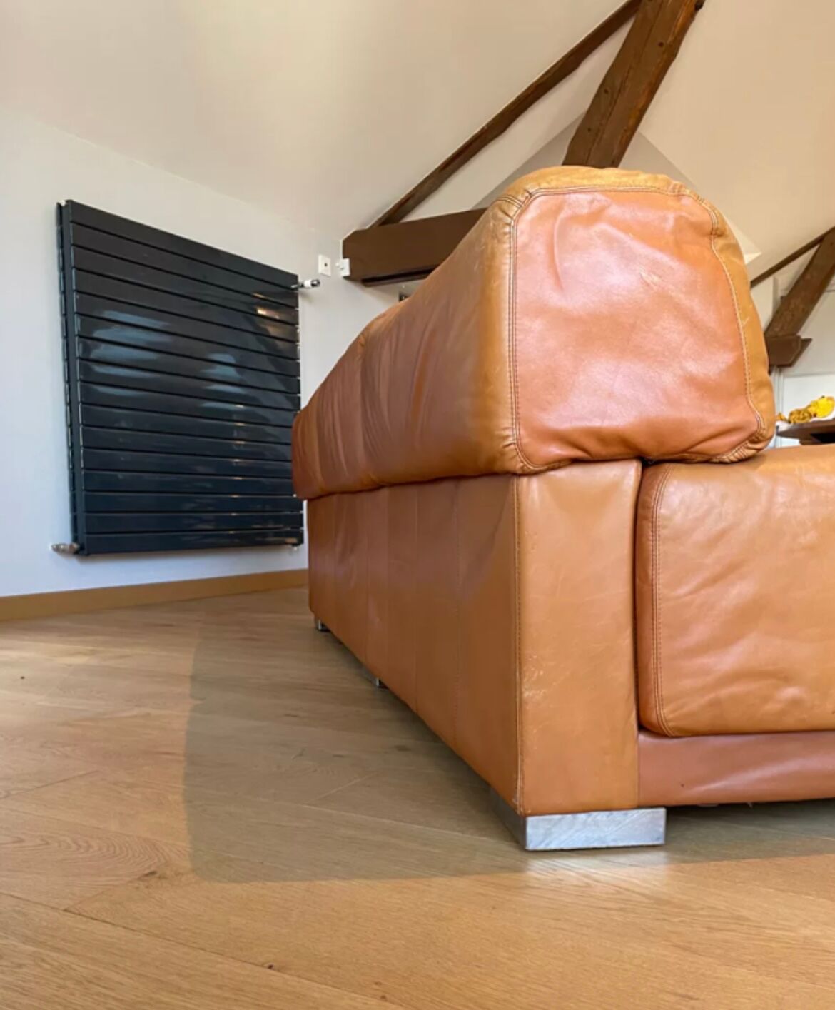 Vintage 3-seater sofa Gérard Guermonprez fawn and stainless steel leather, France 1970