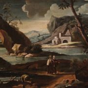 Peinture ancienne de paysage avec personnages du XVIIIe siècle