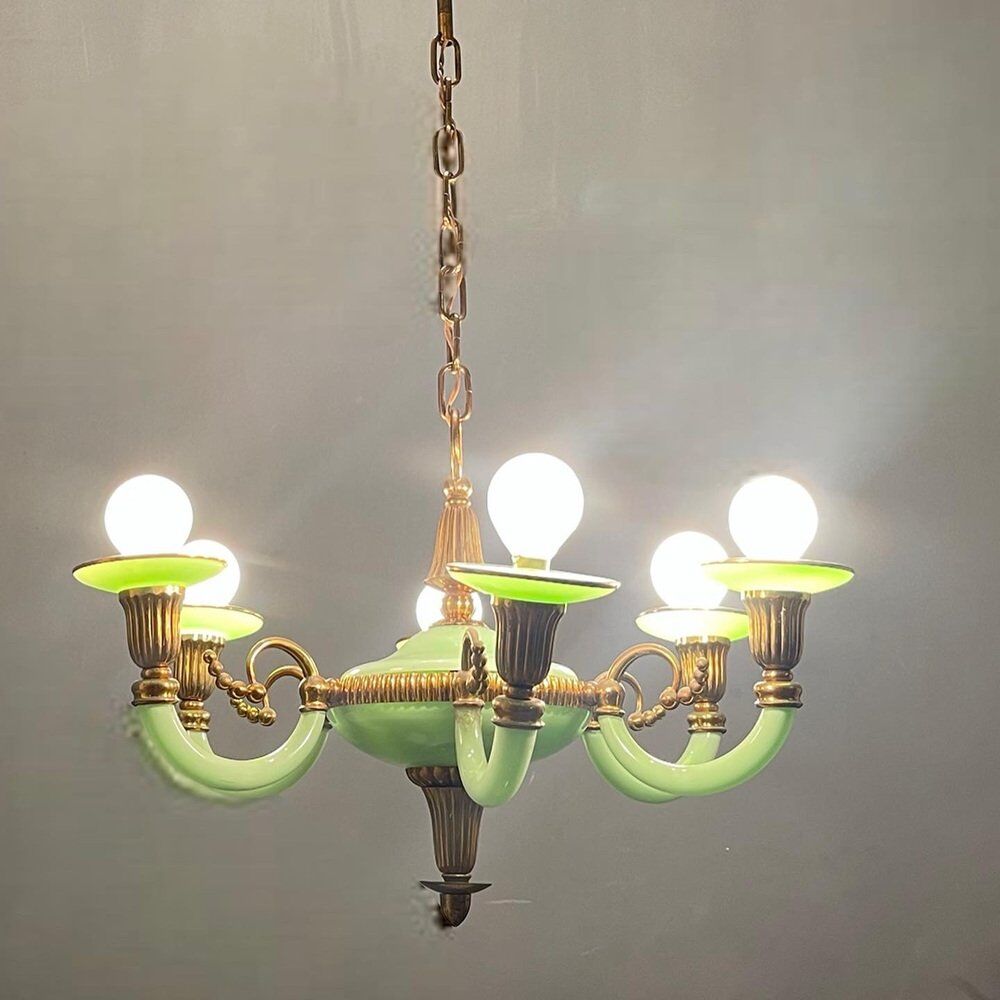 Art Deco Italian Green Opaline Glass Light Pendant