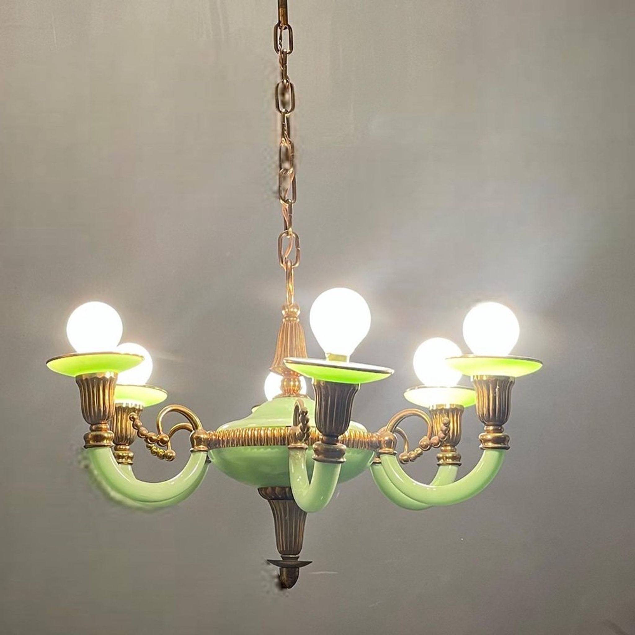 Art Deco Italian Green Opaline Glass Light Pendant