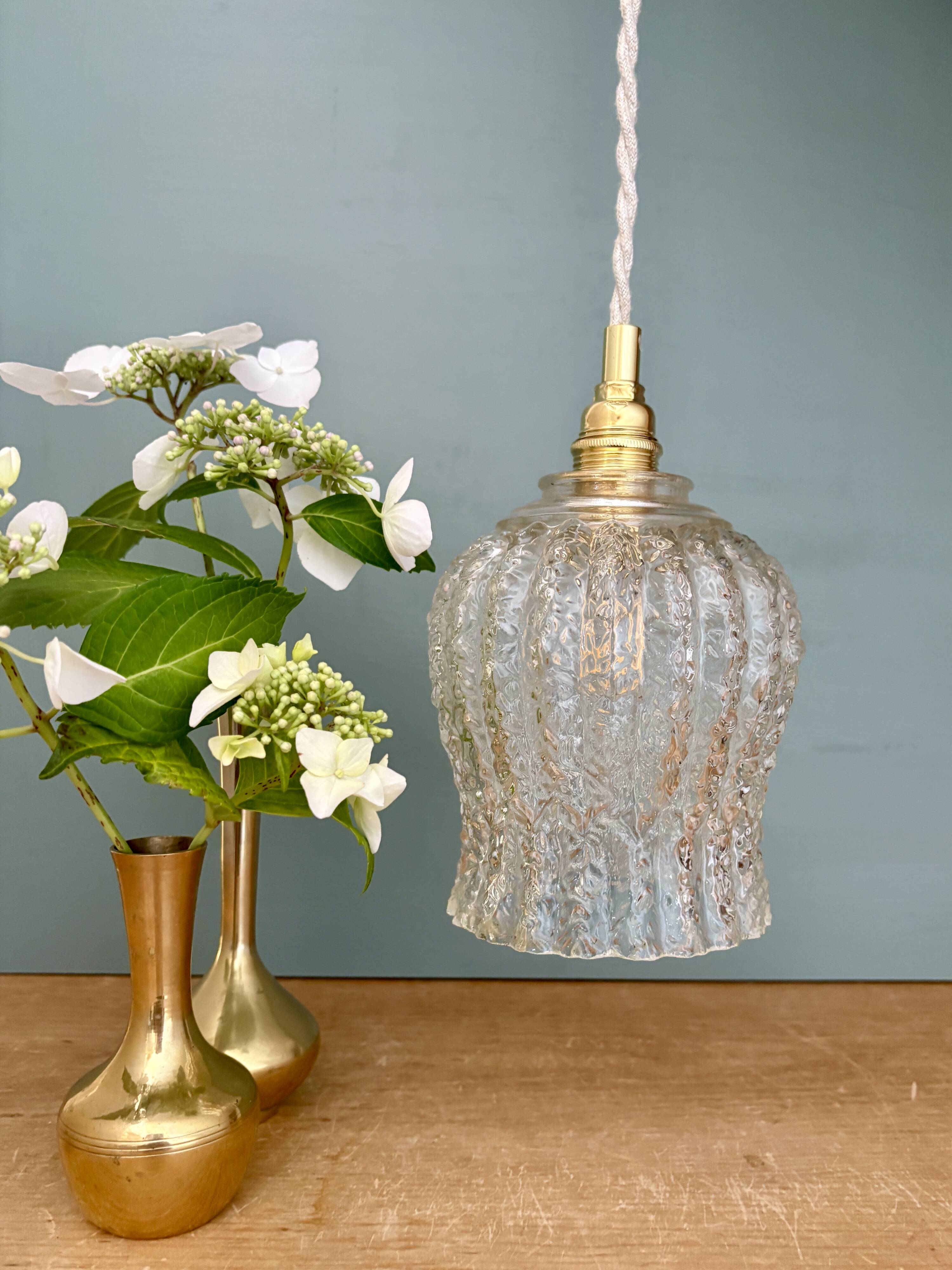 Vintage tulip pendant light in clear molded glass