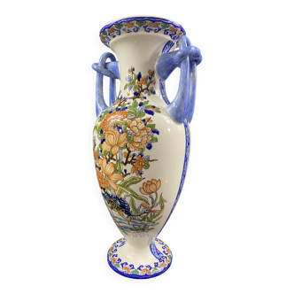 Grand vase balustre en faïence de Gien modèle Delft décor au paon