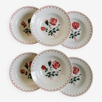 Assiettes creuses rétro Badonviller, rose rouge