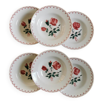 Assiettes creuses rétro Badonviller, rose rouge