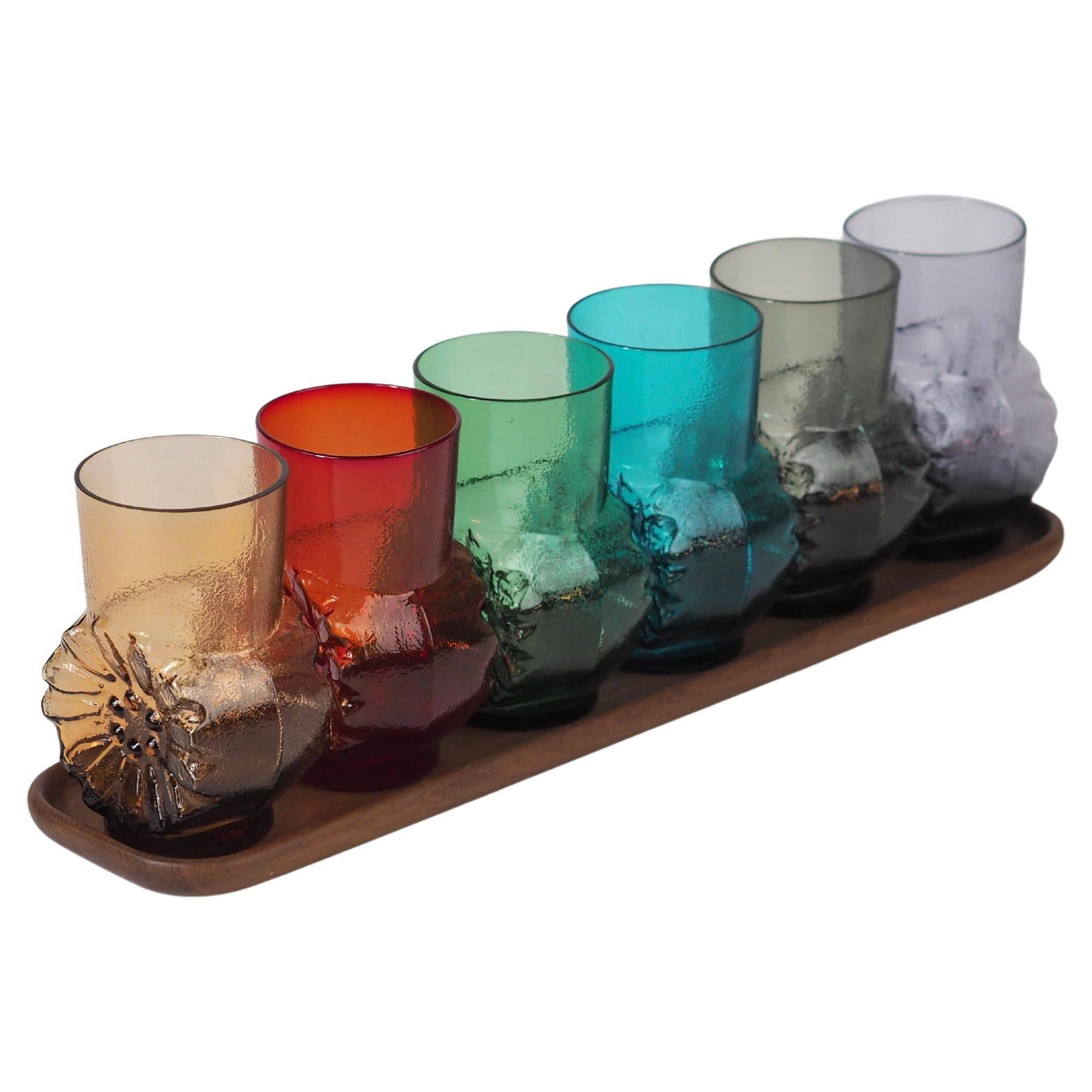 Mid-century rainbow glass set: 6 Finnish style glasses, by Kaj Franck & Lasi.