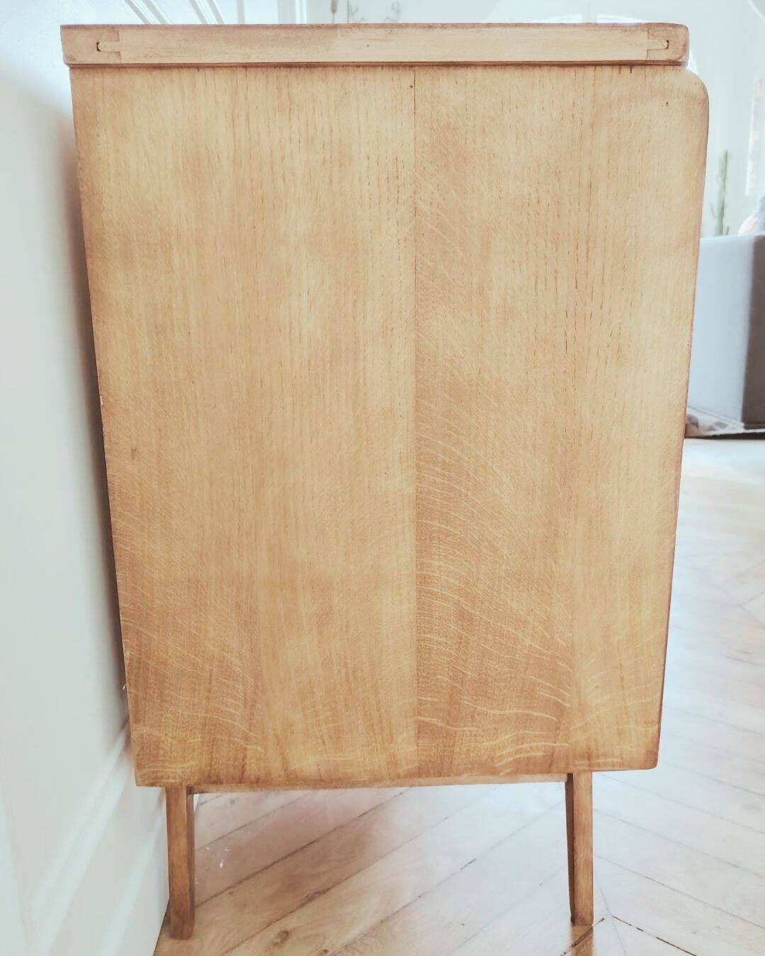 Renovated vintage chest of drawers, 1960s, made of wood and rattan.