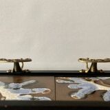 Vintage wall-mounted coat rack in steel, brass and ceramic