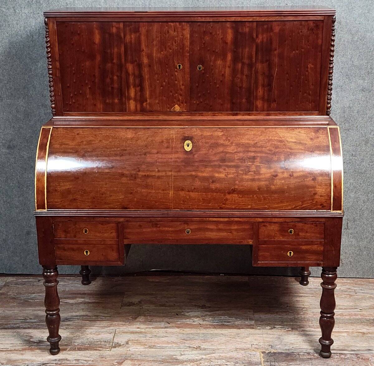 Parisian roll-top desk from the Charles X period in mottled mahogany