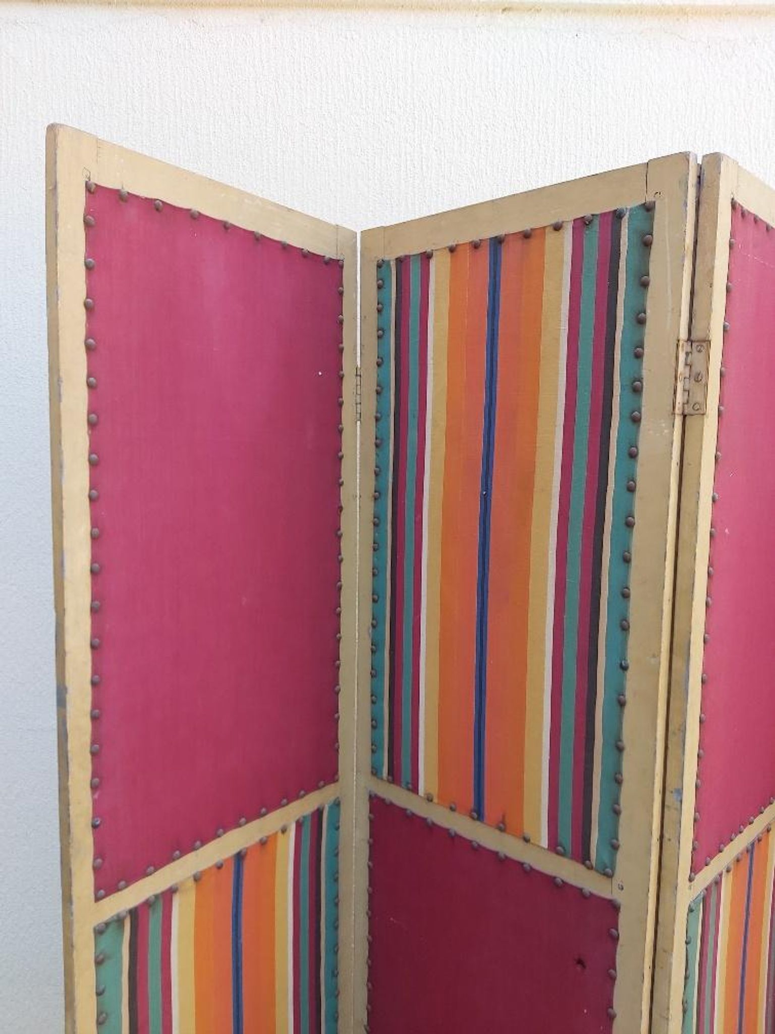 Paravent ancien 4 feuilles bois et tissu
