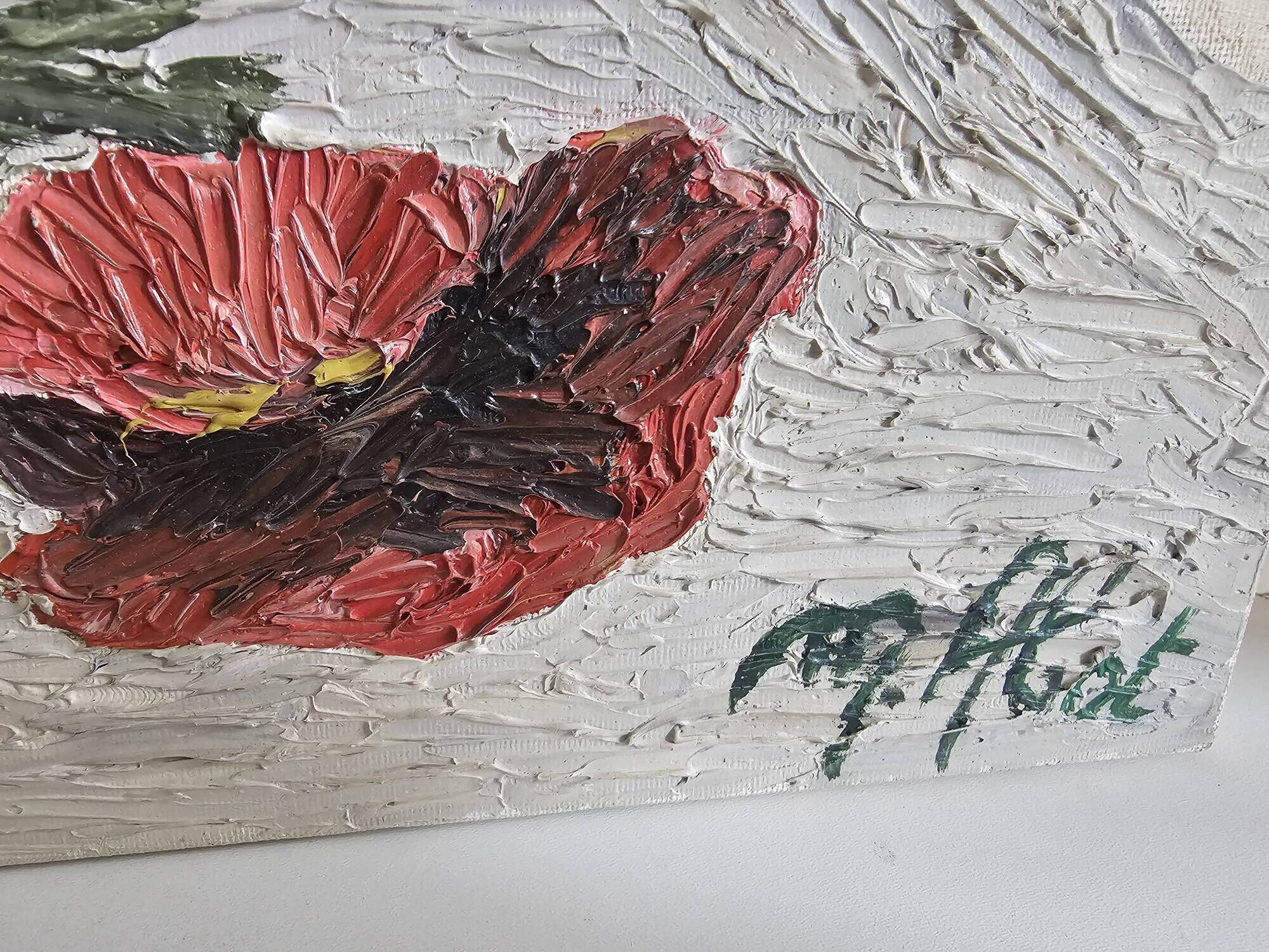 Oil on Canvas Knife Painting Still Life Flowers Poppies Signed M