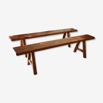 Pair of country benches in solid oak