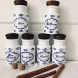 Series of 6 vintage spice jars in white opaline