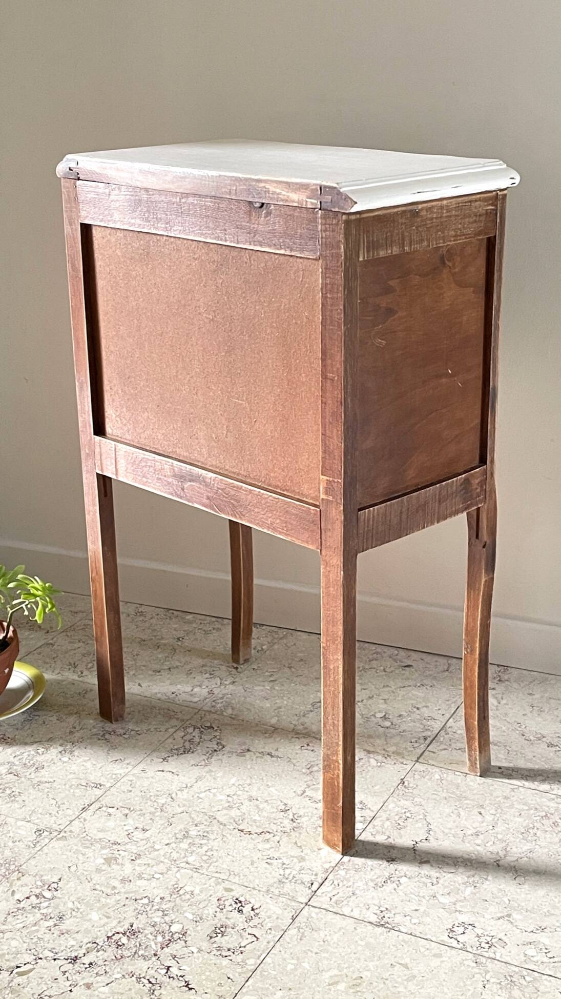 Vintage wood and white bedside table