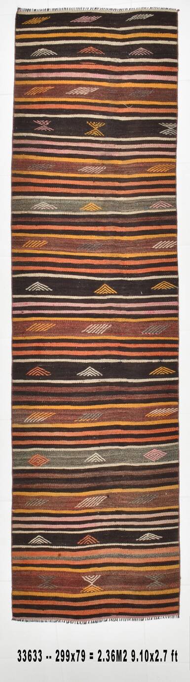 Brown & Red Striped Vintage Kilim Runner Rug, 79x299Cm