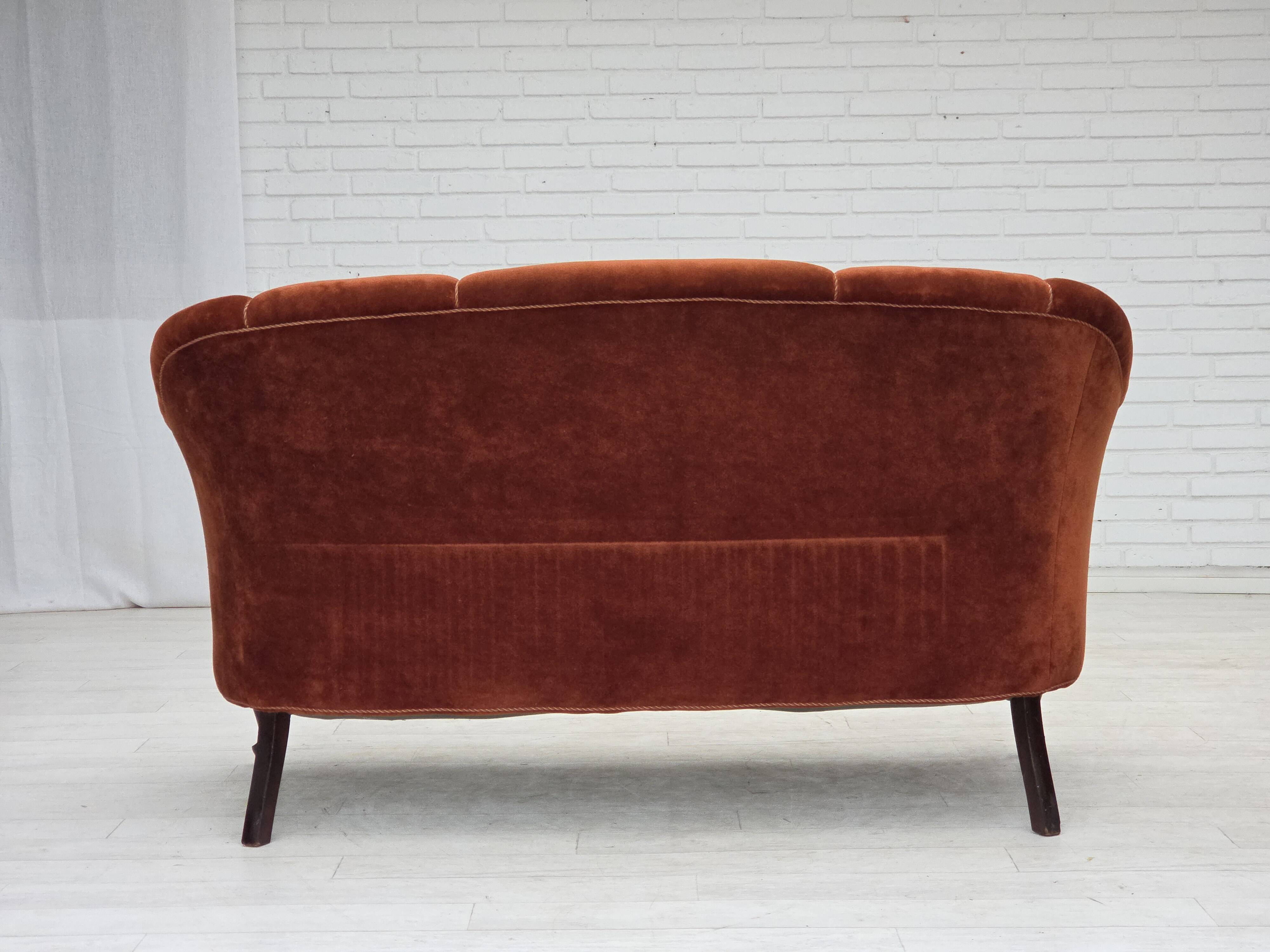 1950s, Danish 2-seater sofa, furniture velour, oak wood legs.