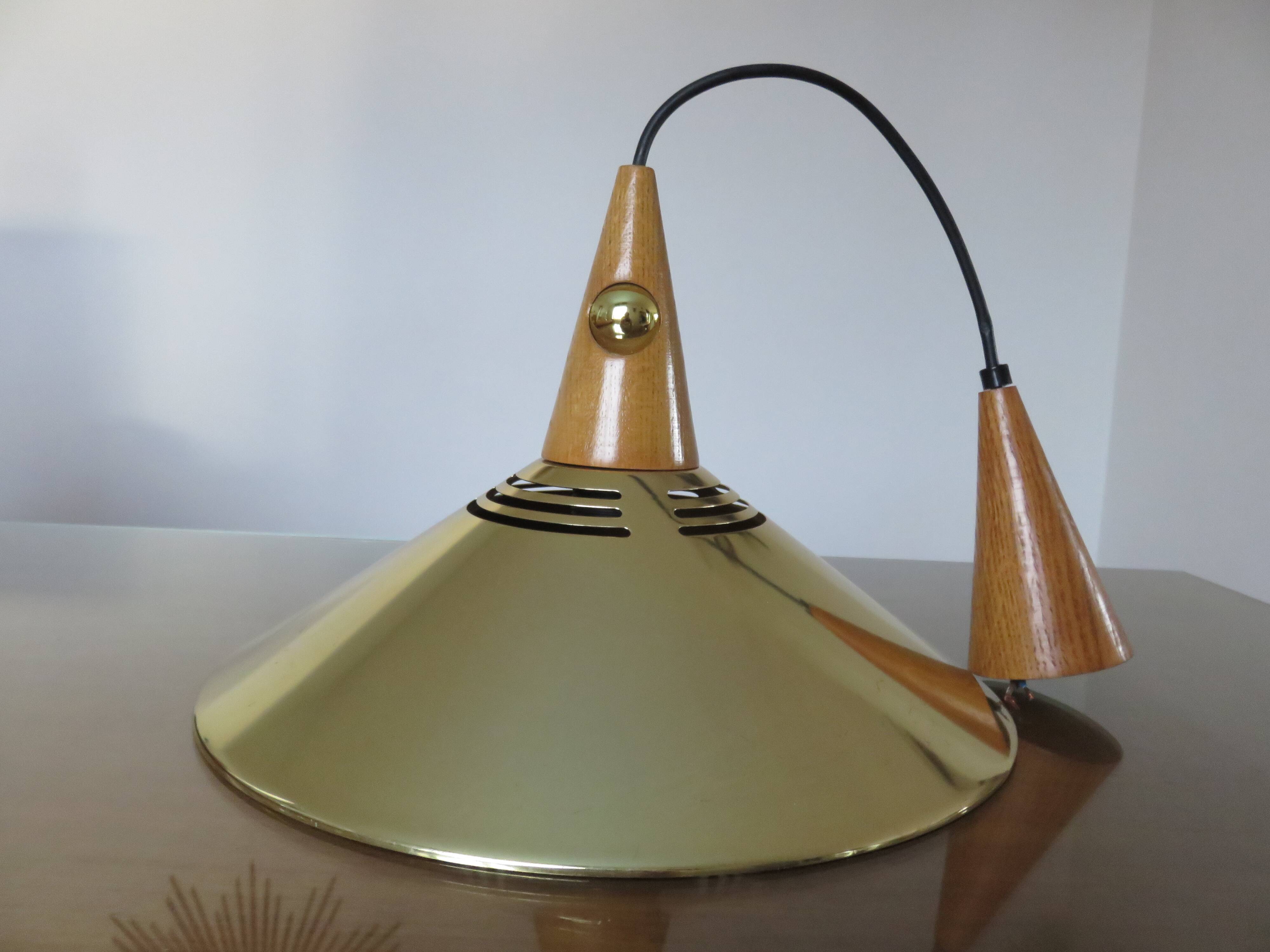 Scandinavian teak and gold metal pendant light from the 70s