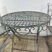 Salon de Jardin en fer forgé pliable vert patiné 1 table + 2 Chaises