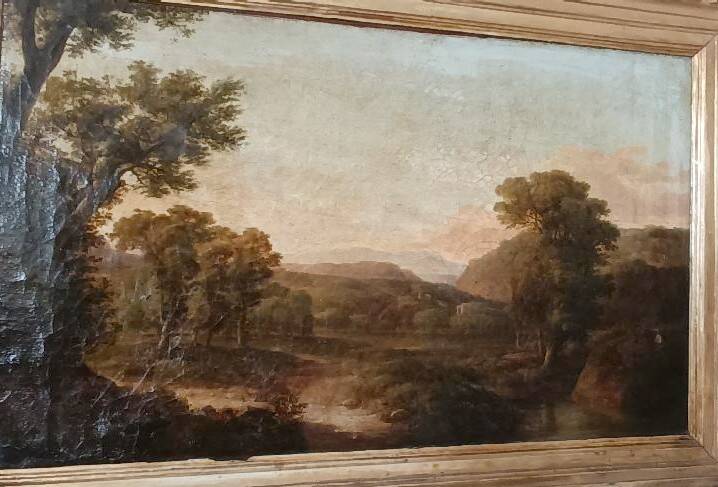 Antique painting on canvas depicting a bucolic landscape