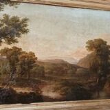 Antique painting on canvas depicting a bucolic landscape