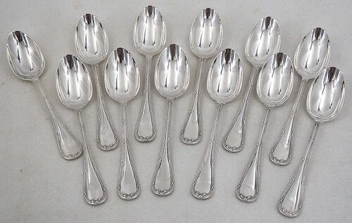 12 dessert spoons, 24 pieces in silver-plated metal Christofle Rubans