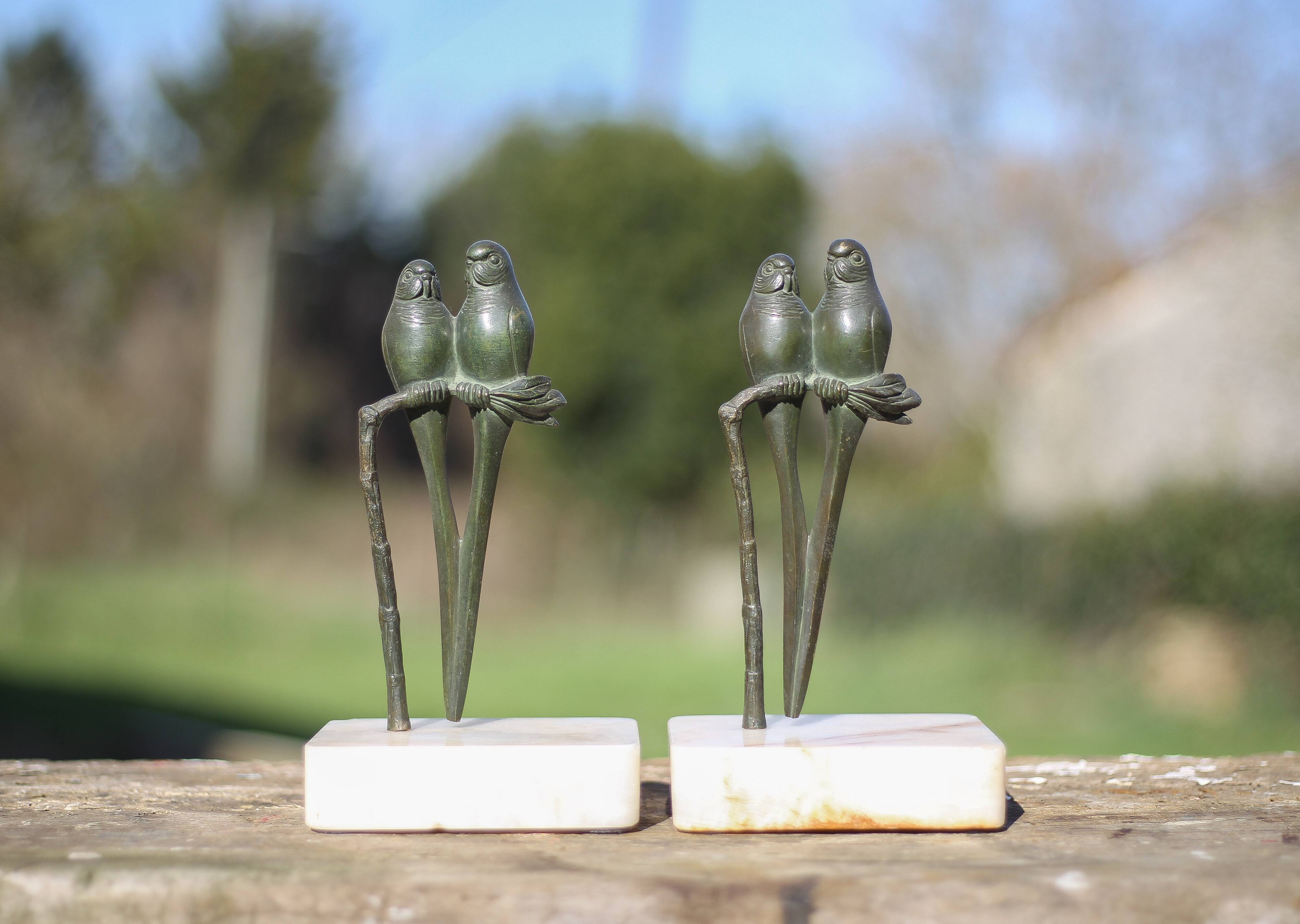 Serre-livres vintage, perroquet bronze patine verte socle onyx, animaux