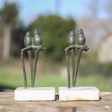 Vintage bookends, bronze parrot green patina onyx base, animals