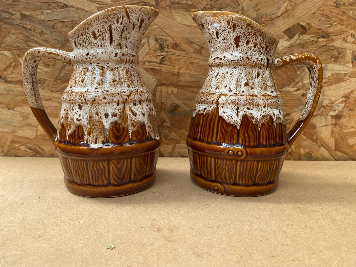 Pair Antique Brown Ceramic Barrel Shaped Pitchers Vintage