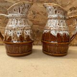 Pair Antique Brown Ceramic Barrel Shaped Pitchers Vintage