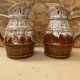 Pair Antique Brown Ceramic Barrel Shaped Pitchers Vintage