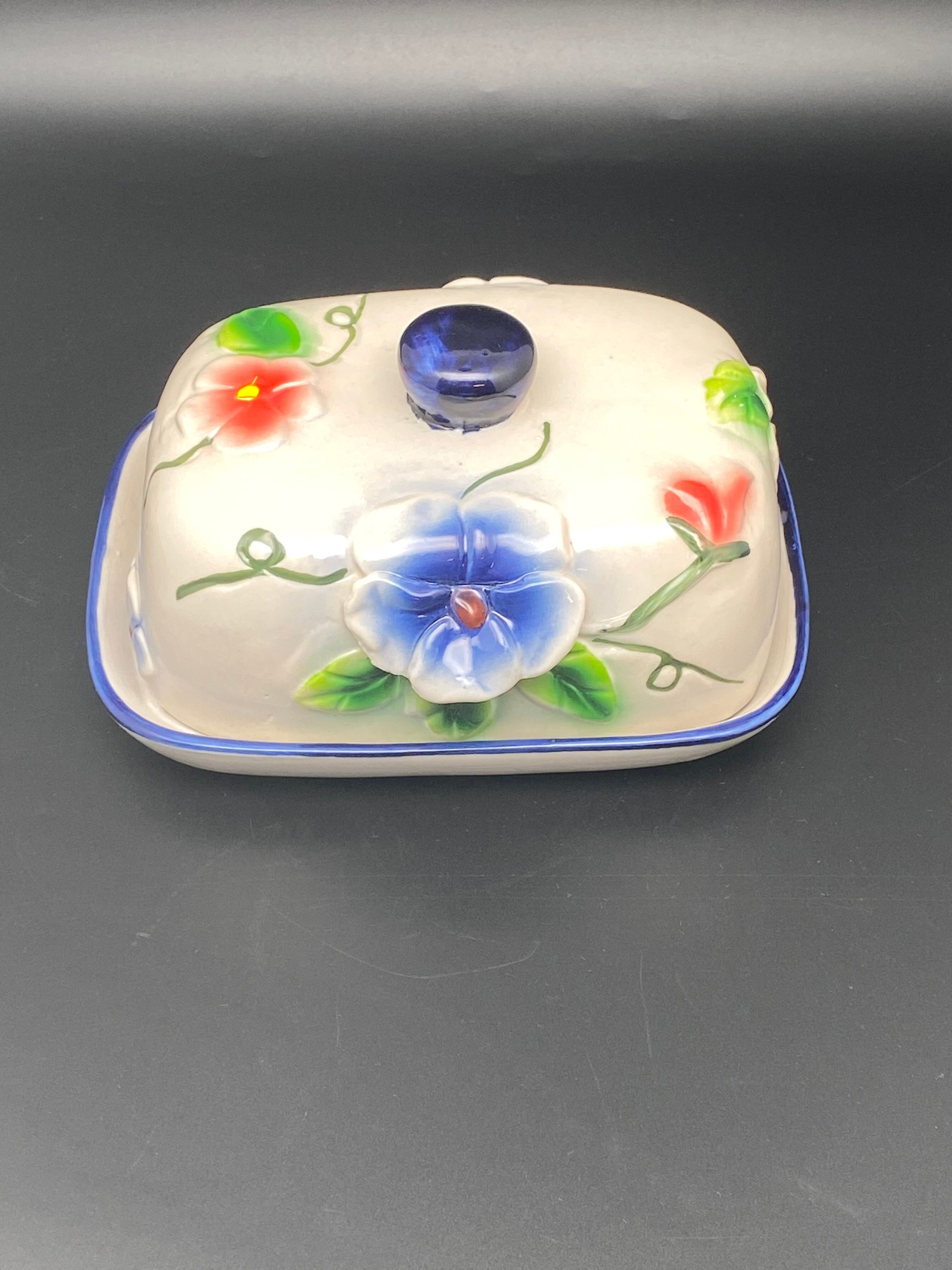 Ceramic butter dish with colored flowers