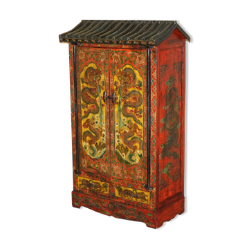 Vintage Chinese wardrobe painted with pagoda and drawers.