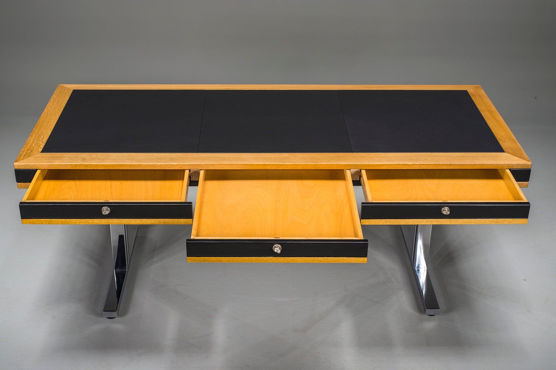 Mid-century modern oak and chrome desk with leather top, 1980s